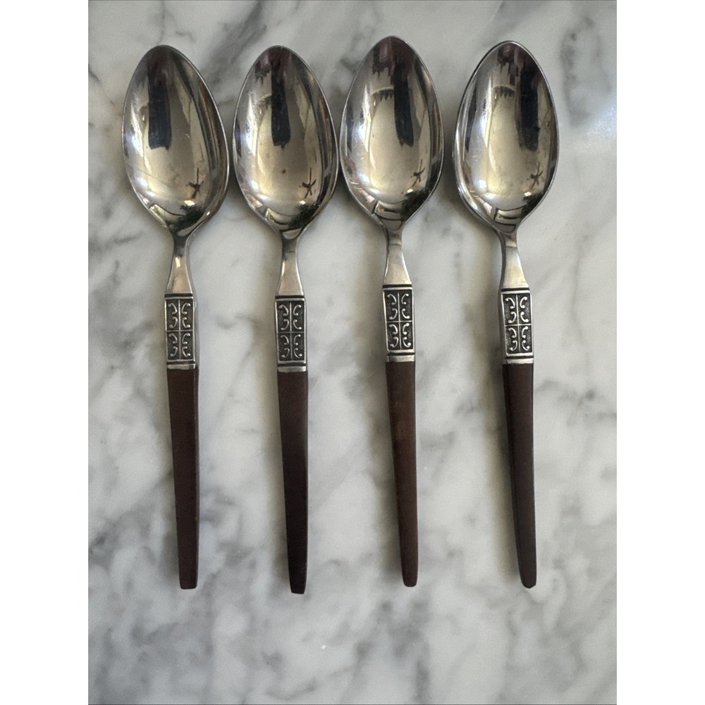 EKCO ETERNA La Joya Stainless Japan Mid Century Modern 4 Soup Spoons Faux Wood